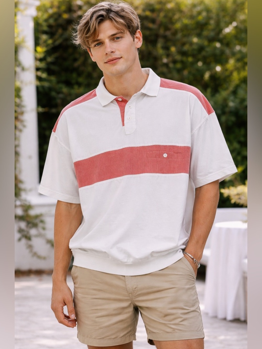 Vintage Huk-A-Poo Polo Shirt Mens L White Red Colorblock Taiwan 80s Preppy
